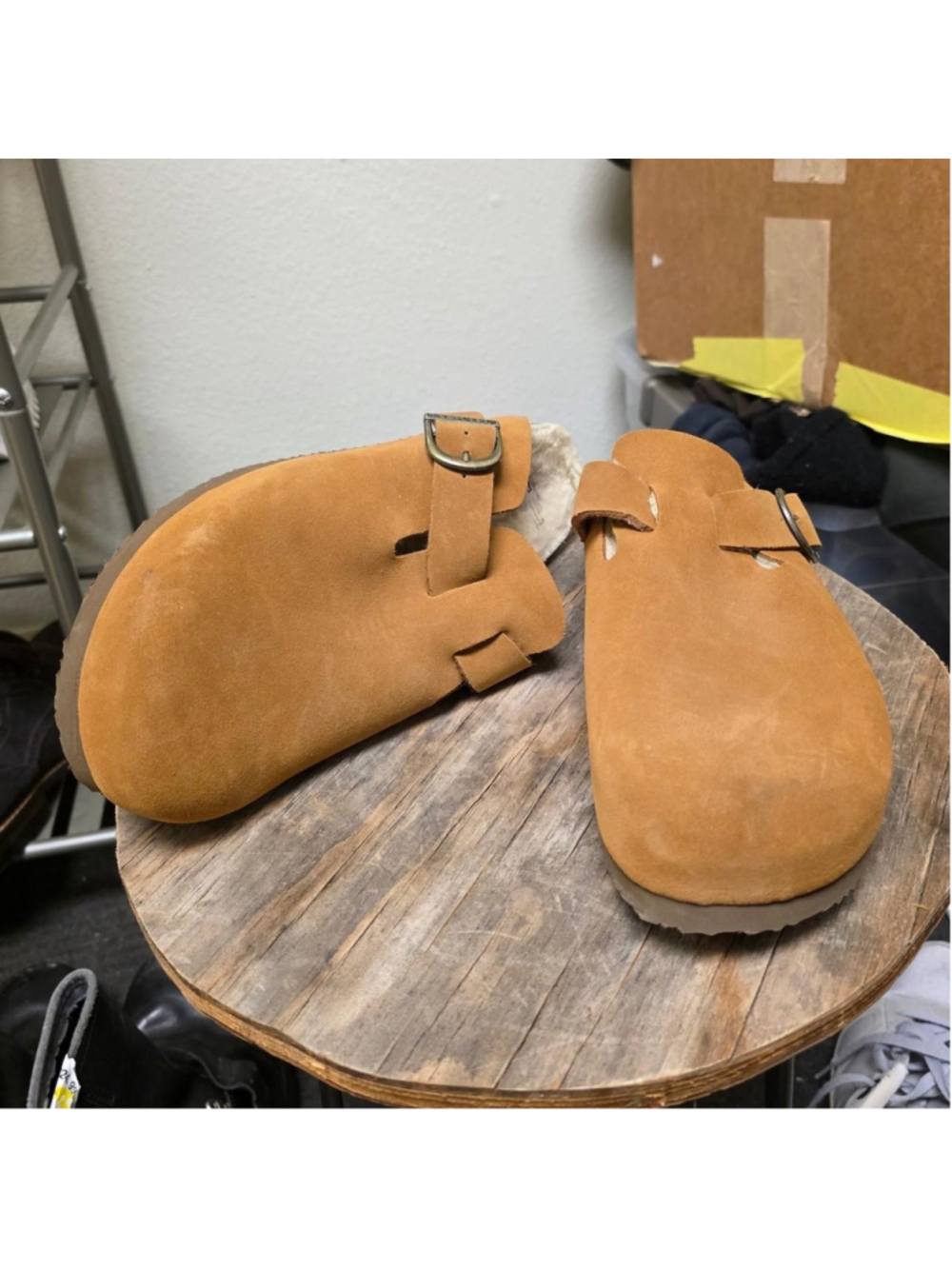 Eastland tan suede clogs with shearling lining #clogs #shearling